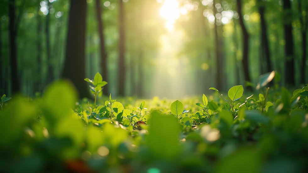 Eye-level view of a lush green forest with sunlight filtering through the leaves