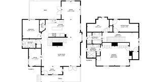Floor plan layout of a two-story home showing room dimensions and features like bedrooms, bathrooms, kitchen, living areas