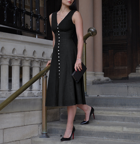 Black a-line sleeveles v-neck midi dress with white buttons