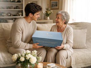 Grandson giving a La Maison Flower Studio delivery box to his grandmother for Grandparents Day