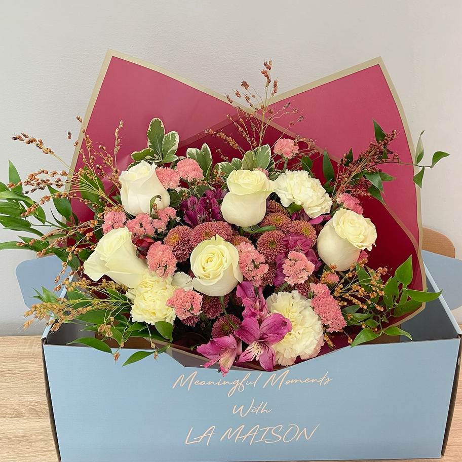 Falling for Fall monthly flower bouquet in ivory, blush and plum, wrapped for gifting