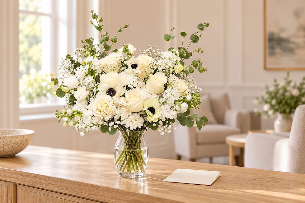 White Tea bouquet with white roses, anemones and eucalyptus in a clear glass vase on a wooden console beside an ivory envelope.