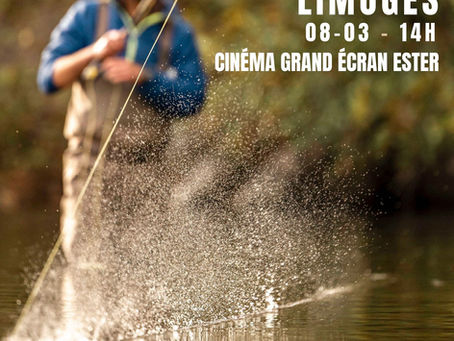 Affiche du RISE 2026 Fly Fishing Film Tour annonçant la projection de films de pêche à la mouche le 8 mars au Cinéma Grand Écran Ester à Limoges.