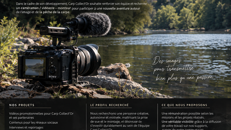 Caméra professionnelle au bord d’une rivière pour le recrutement d’un caméraman monteur vidéo par Carp Collect’Or