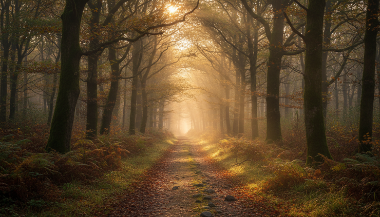 Wide-angle view of a sunrise over a simple walking path through trees.