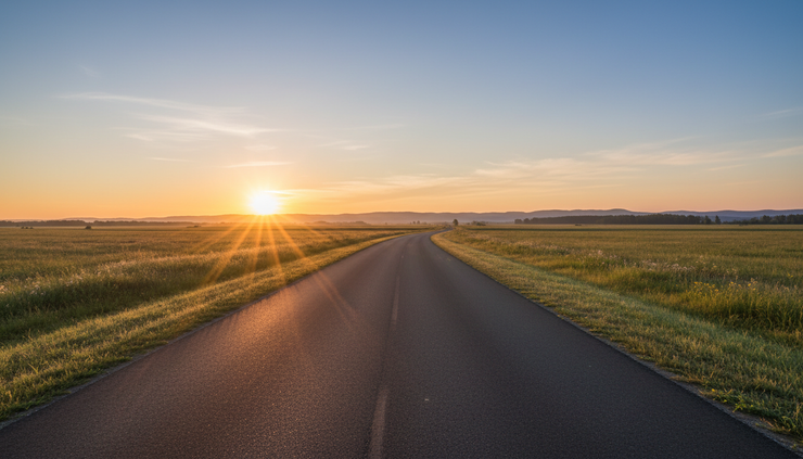 Wide-angle view of a sunrise over an empty country road.
