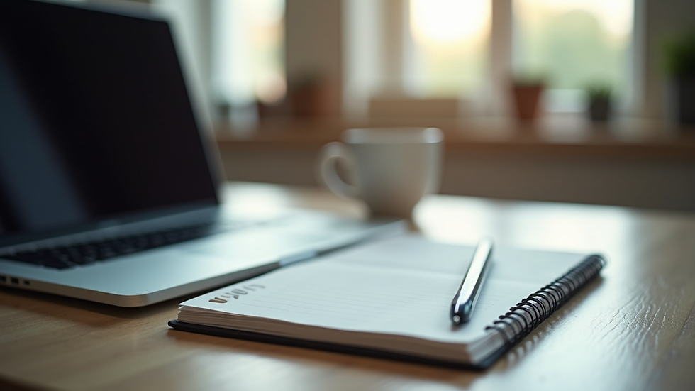 Eye-level view of a modern workspace with a laptop and notepad
