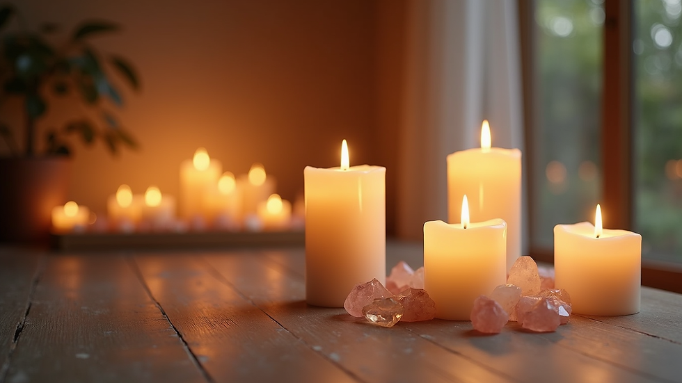 Eye-level view of a serene meditation space with candles and crystals
