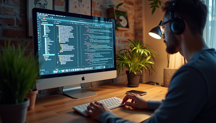 High angle view of a Milwaukee web designer working on a website layout on a computer