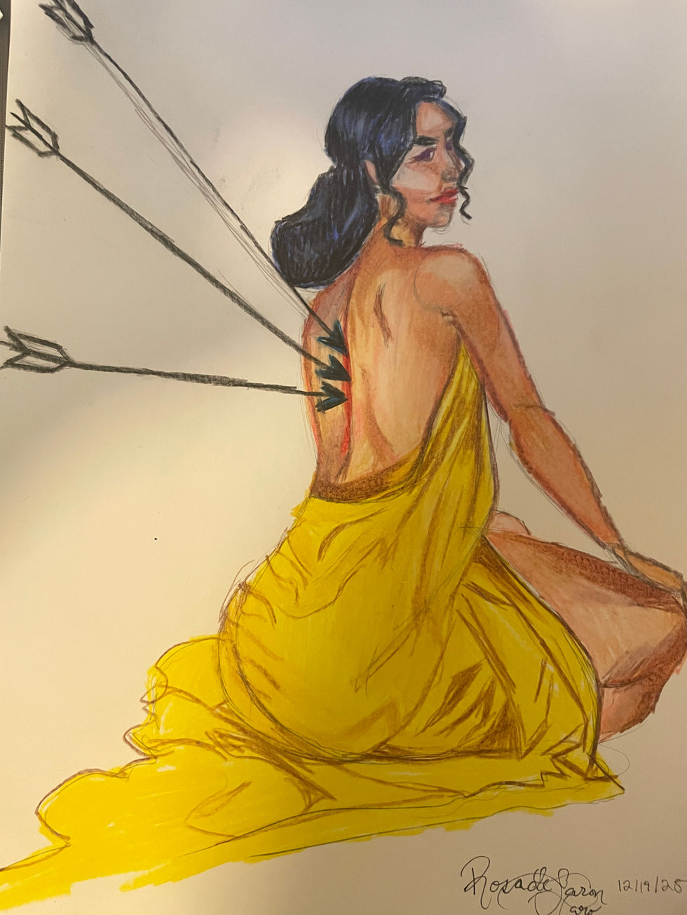 yellow dress, prismacolor, arrows, backstabbed, portrait, art, colored pencil