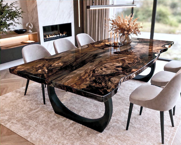 Live edge poplar burl epoxy resin table brown finish, brązowy stół z nieregularną krawędzią z czeczoty topoli i żywicy, Baumkantentisch aus Maserholz mit Epoxidharz in Braun, elegant handcrafted premium dining table