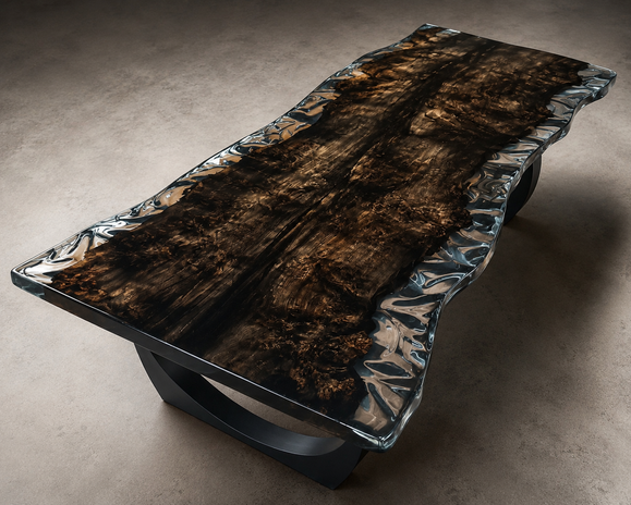 Live edge poplar burl table with blue epoxy resin waves, stół z niebieską żywicą i ręcznie formowanymi falami, Baumkantentisch mit blauer Epoxidharz-Wellenstruktur, artistic handcrafted luxury statement table