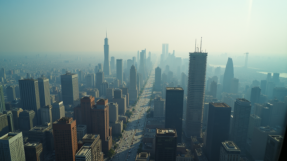 Eye-level view of a bustling city skyline with visible construction projects