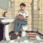 A person with a doubtful look holding a slice of cake in one hand and a sandwich in the ot