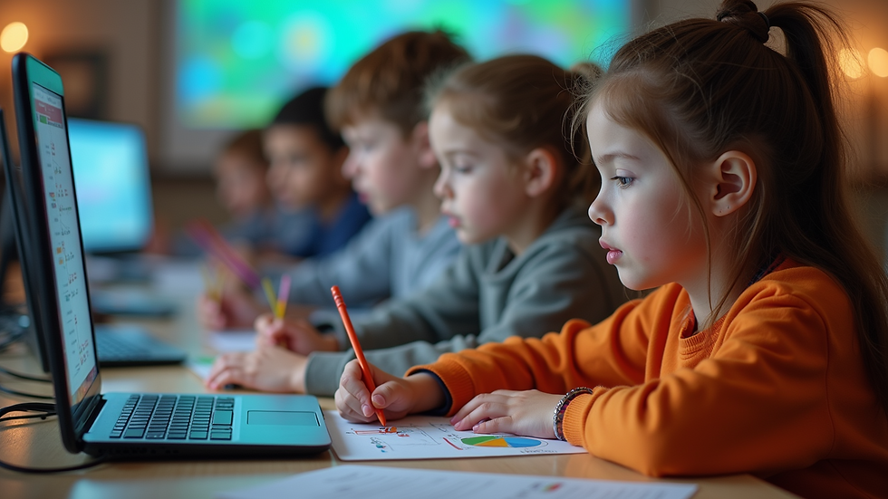 High angle view of a vibrant coding workshop with children engaged in Scratch