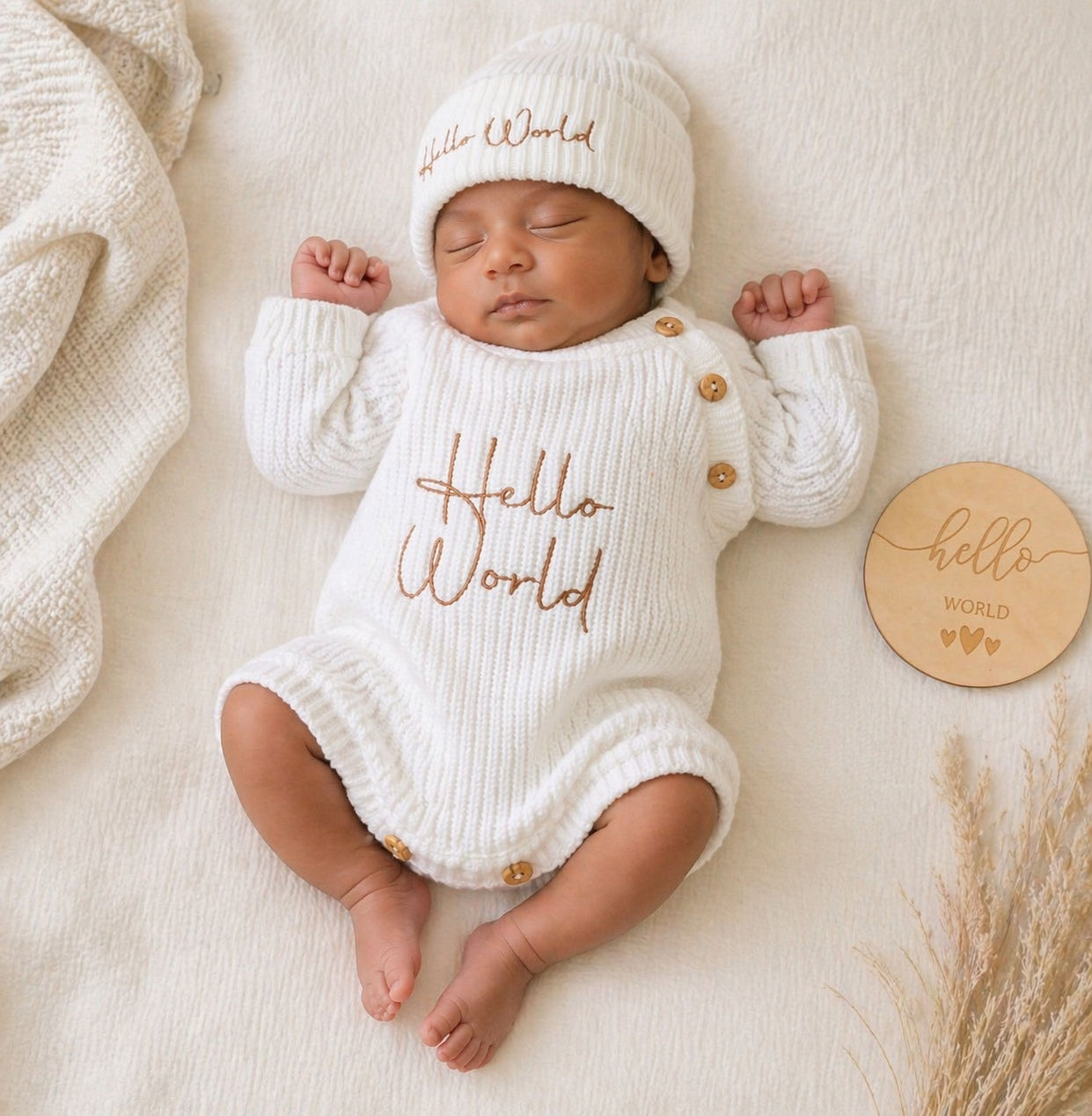 Knitted Hello World  Romper & Hat set - Cream / Blue or Pink 