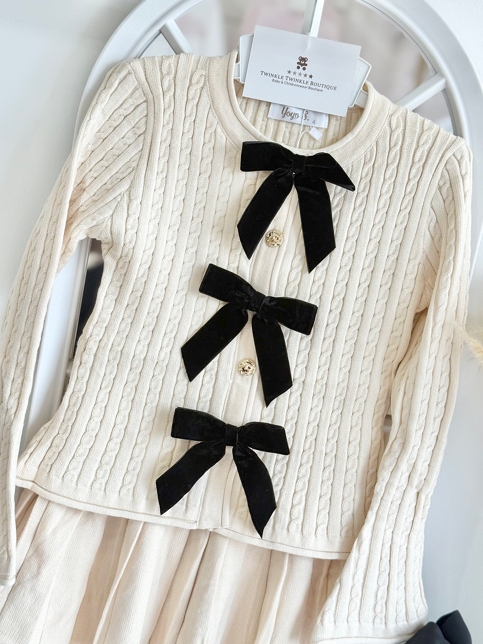 Thumbnail: Girls Gold Button Knit Cardigan and Skirt Set- Cream