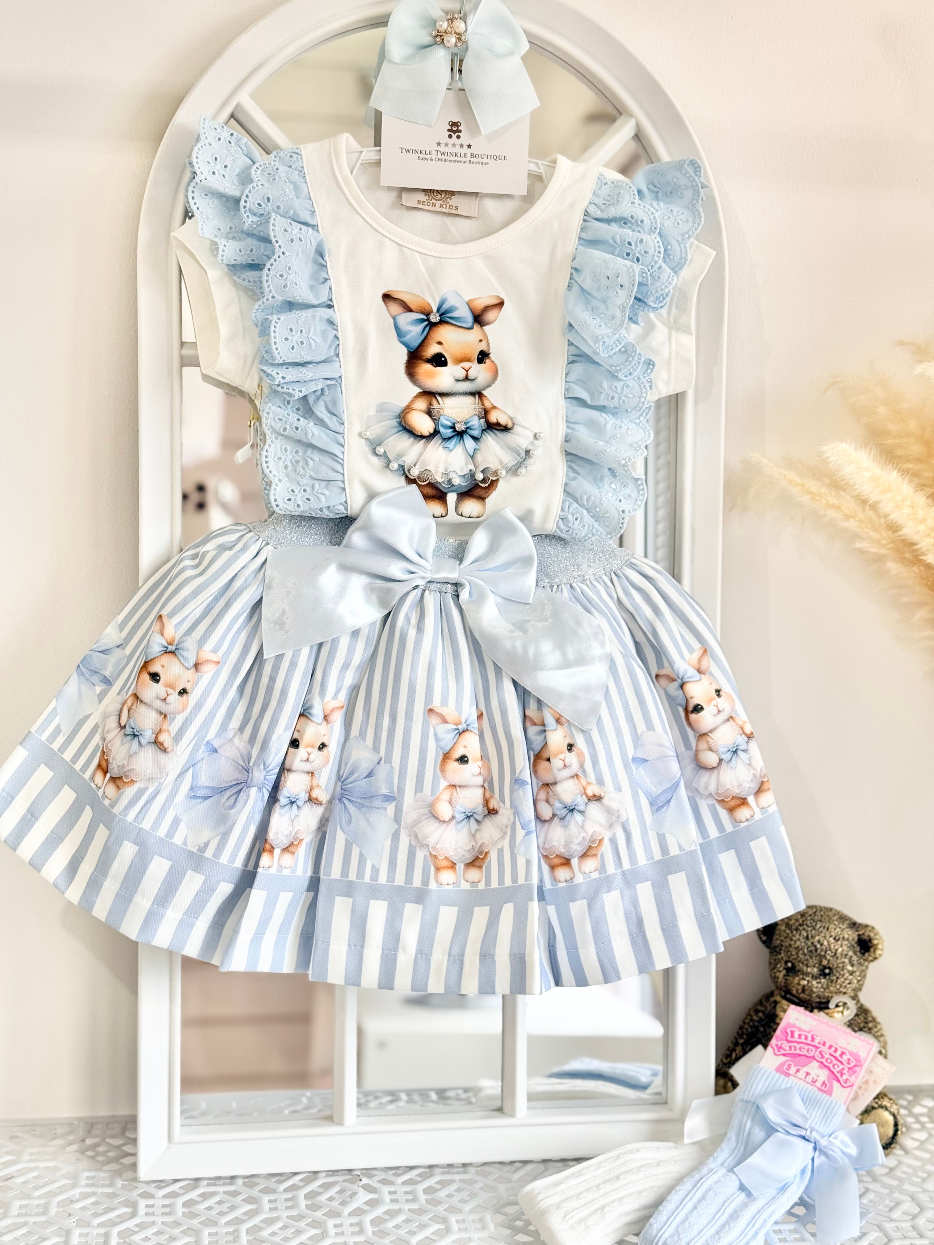 Blue Bunny Stripe Skirt Set