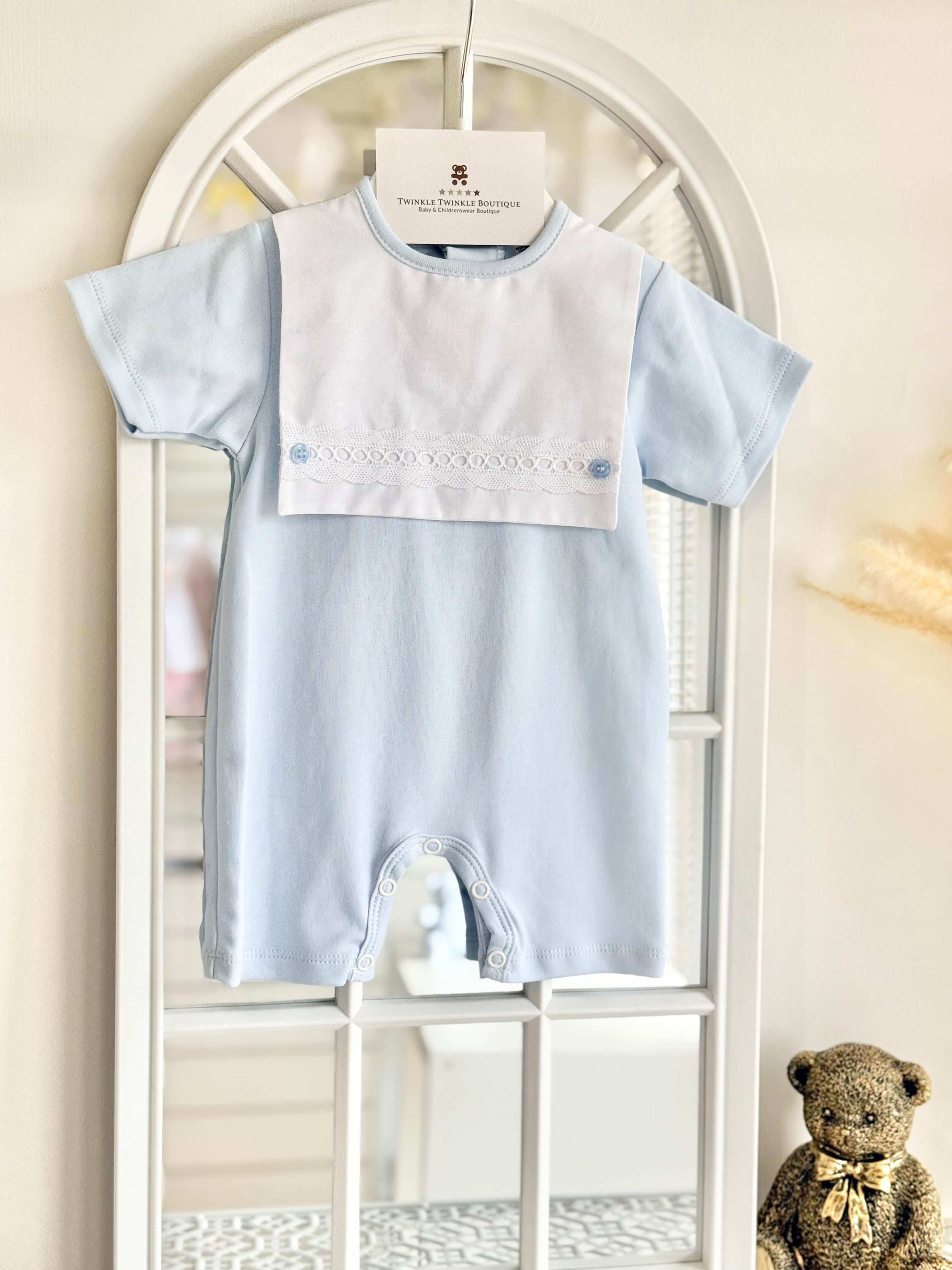 Classic Baby Boys Romper with Bib-style panel - Baby Blue