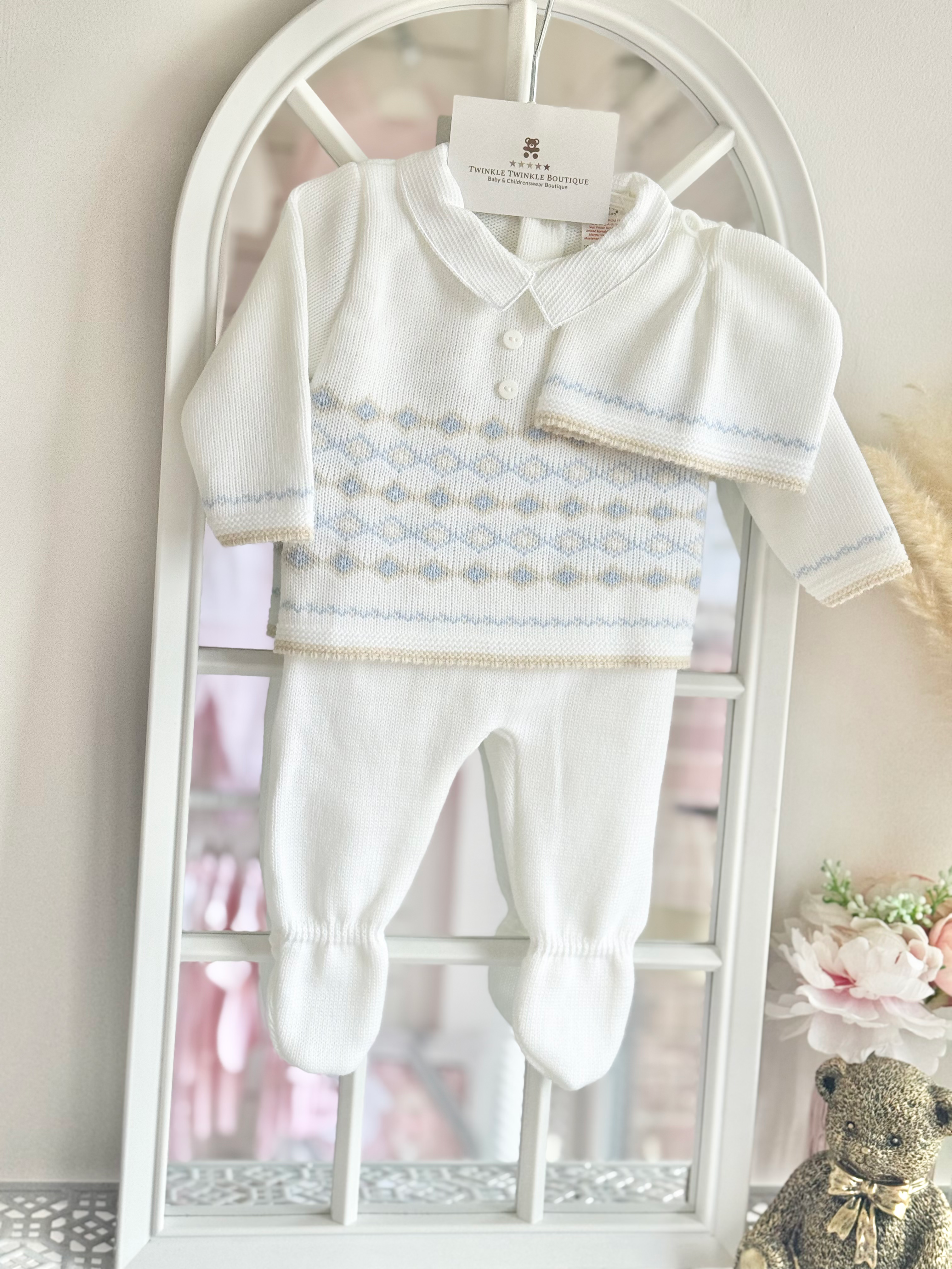 White, Blue and Camel Boys Knit 3Pc Set