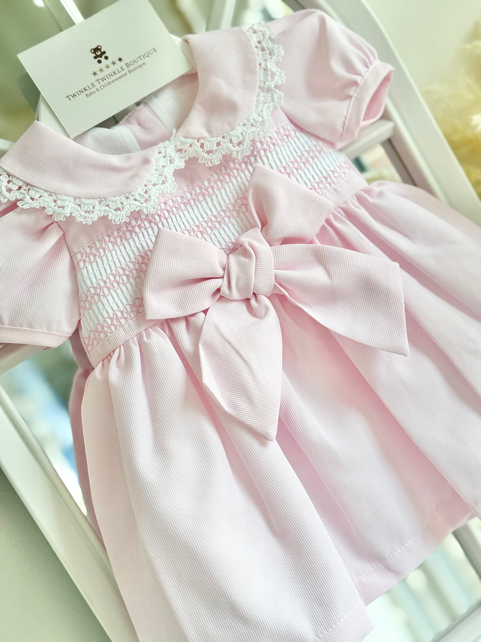 Thumbnail: Pink Bow Smock Baby Girls Dress