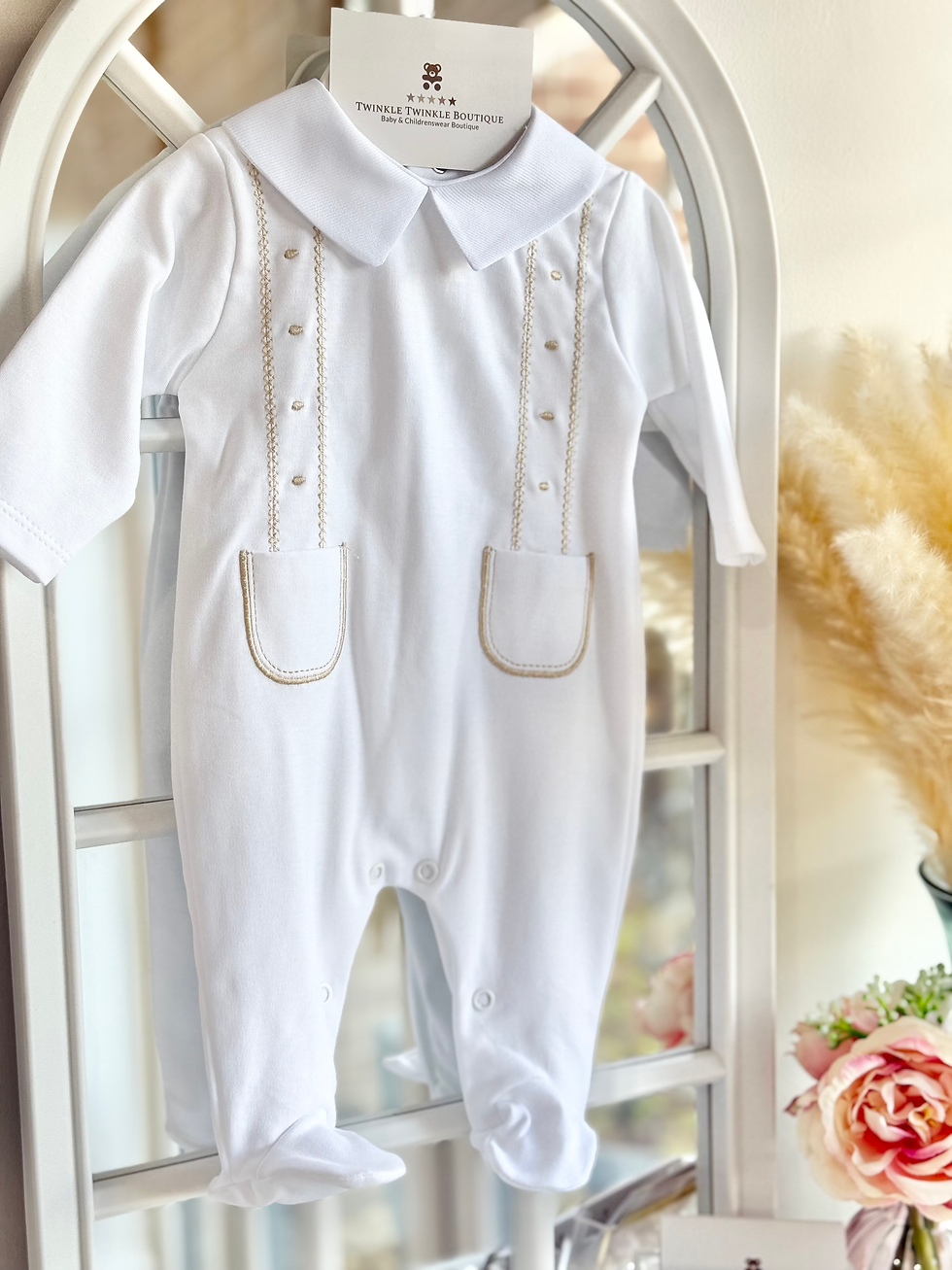 Thumbnail: Baby Luxurious Sleepsuit , Babygrow - WHITE / CAMEL