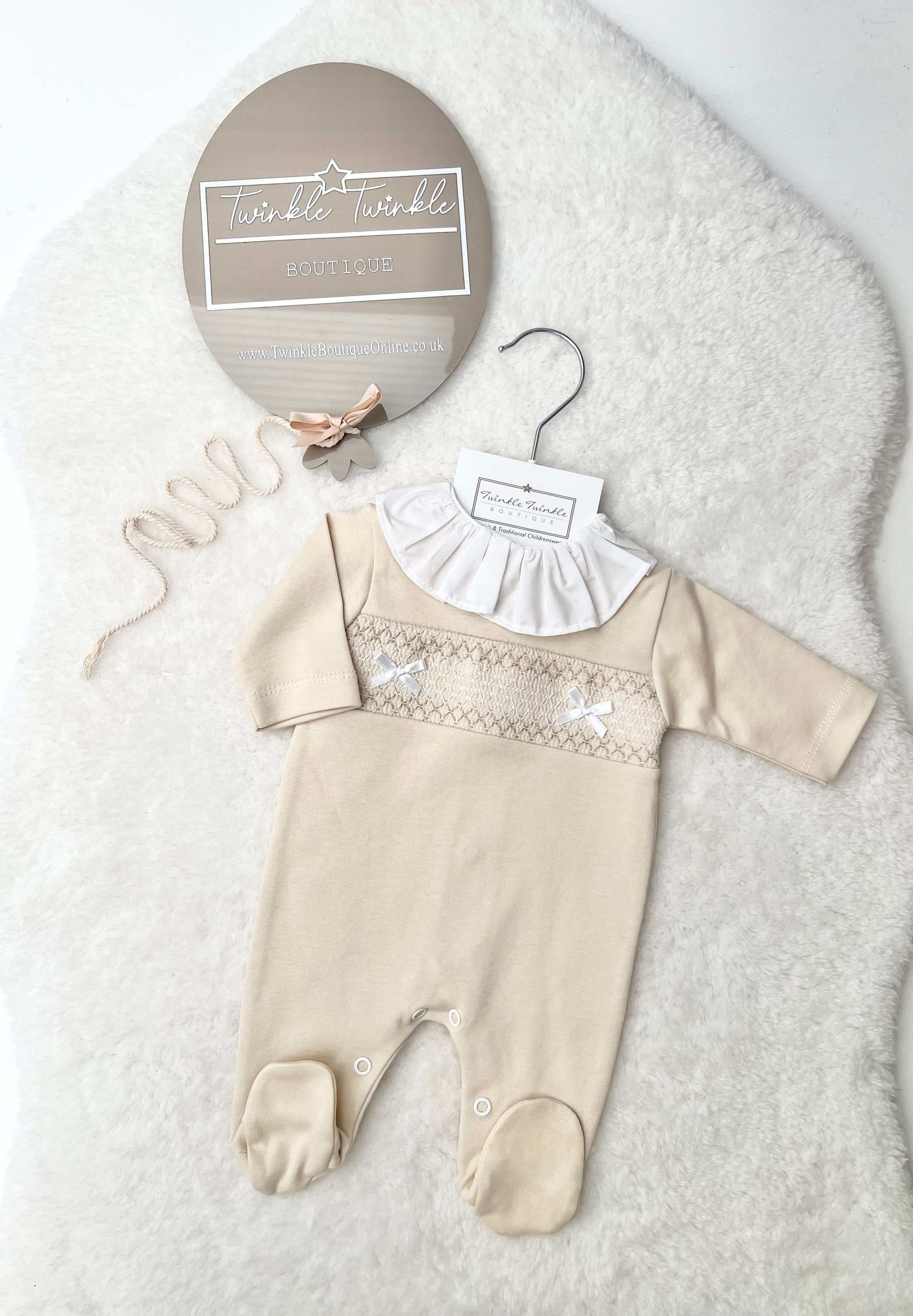 Baby Luxurious Smocked Frill Collar Sleepsuit , Babygrow - CAMEL