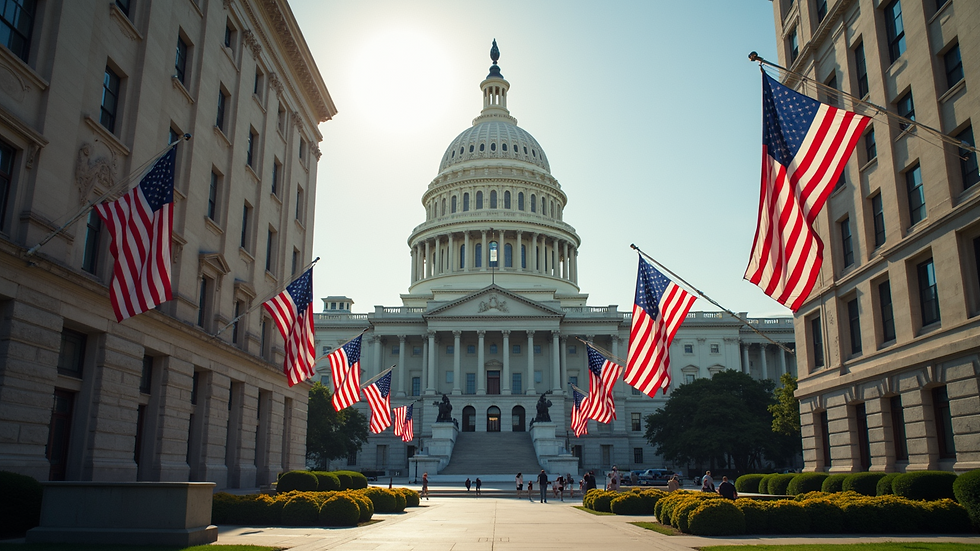 High angle view of a government building with American flags