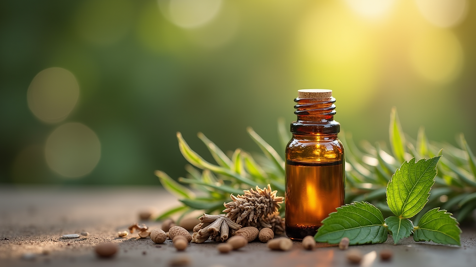 Close-up view of herbal remedies and essential oils