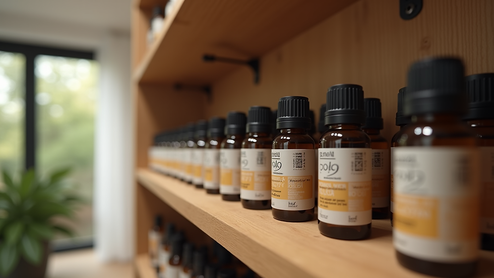 Eye-level view of a small wooden shelf with various essential oil bottles