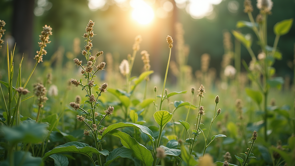 Eye-level view of a peaceful herbal garden with various medicinal plants