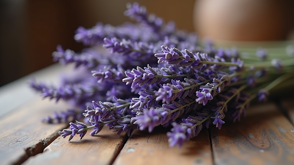 Eye-level view of dried lavender bundles on a rustic wooden table