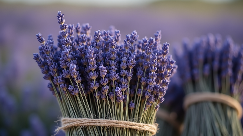 Eye-level view of dried lavender bundles tied with twine