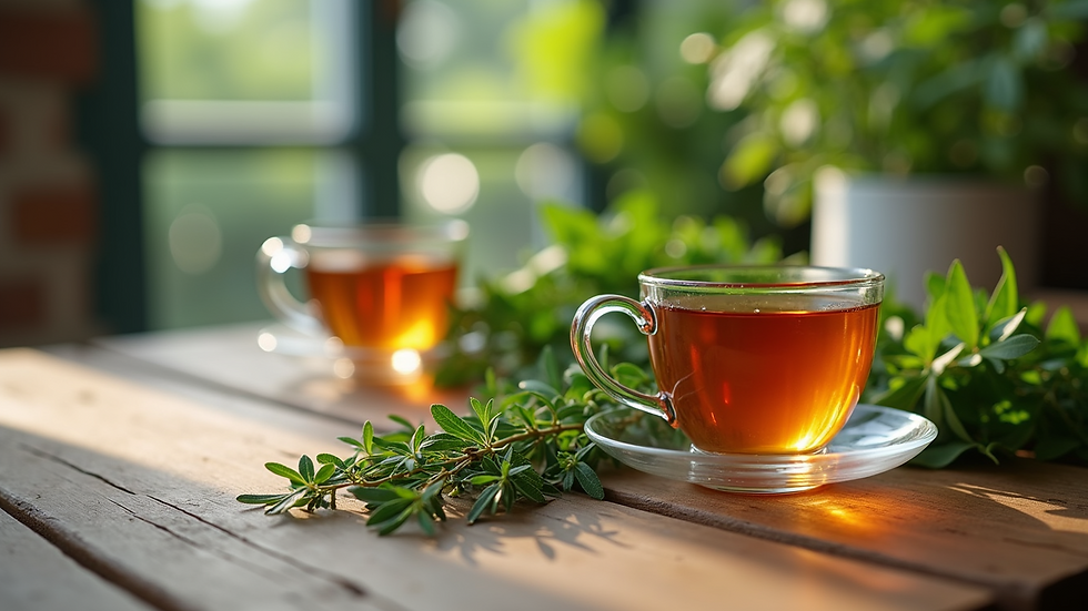 Close-up view of a wooden table with herbal teas and fresh herbs