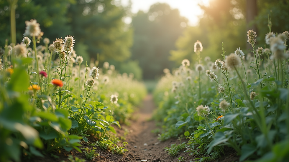 Eye-level view of a peaceful herbal garden with various medicinal plants