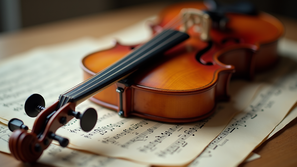 Close-up view of a polished wooden violin resting on sheet music