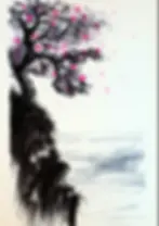 An ink piece capturing the garden's edge — a flowering tree on a grassy bank.