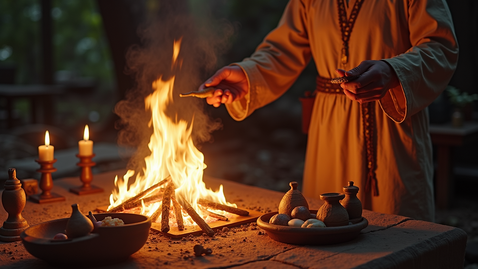 Close-up view of a priest performing a fire ritual with sacred items