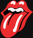 Rolling Stones tongue logo on black background, iconic rock and roll symbol.