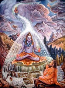 Lord Shiva meditating with a devotee near a waterfall, Guru Purnima 2025 celebration.