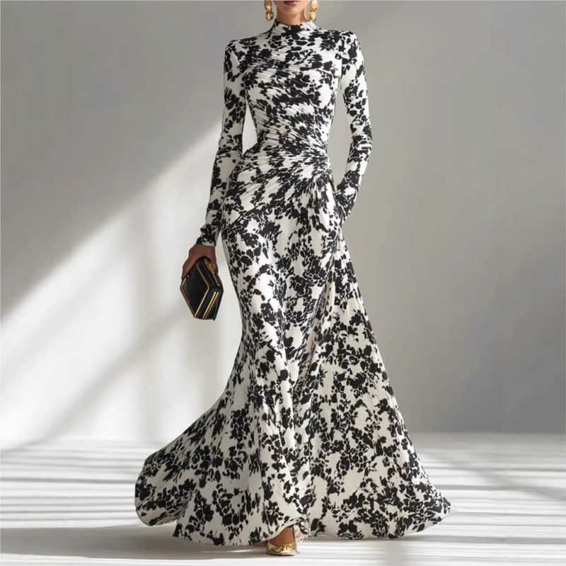 Miniatura: Vestido Longo Feminino Floral com Manga Longa e Franzido  Elegante e Sofisticado