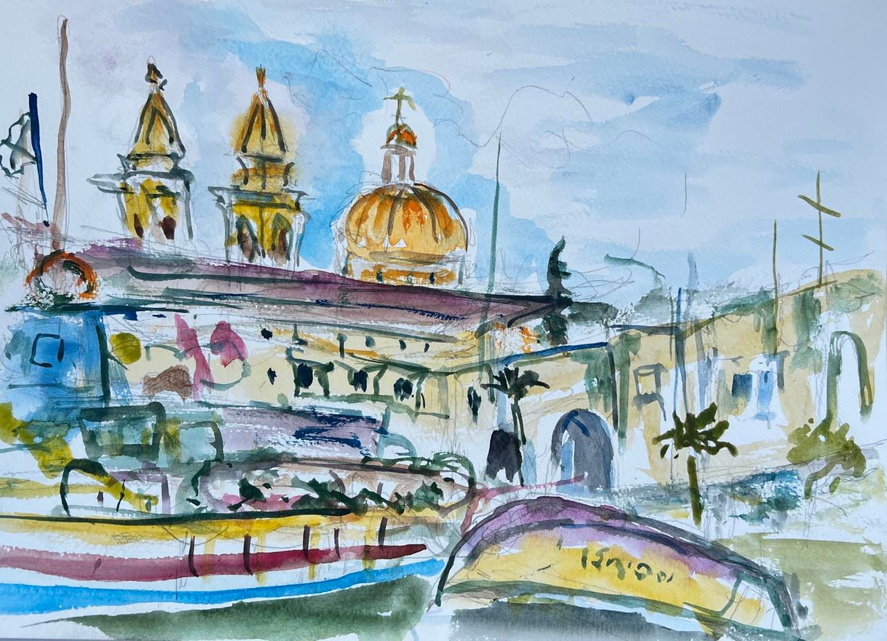 Malta, Fishing Village Watercolor