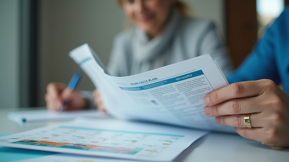 Close-up view of a person reviewing Medicare plan brochures at a desk