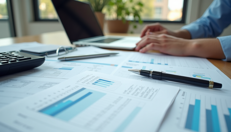 Eye-level view of a modern accountant's desk with budgeting spreadsheets and a laptop