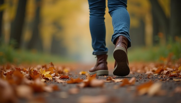 Close-up view of a person’s feet walking on a forest path covered with autumn leaves