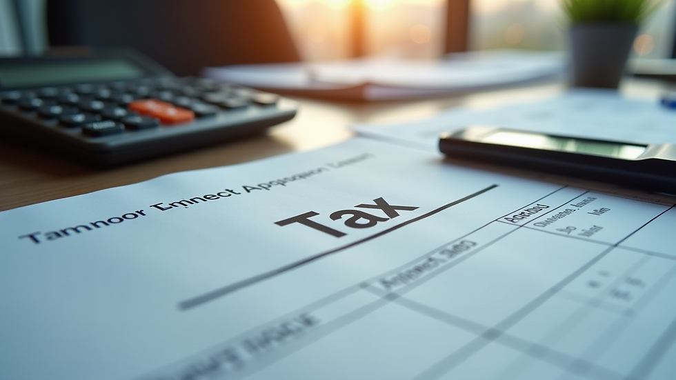 Eye-level view of a calculator and tax documents on a desk