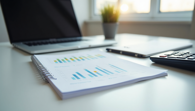 Eye-level view of a neatly organized desk with a laptop, notebook, and calculator
