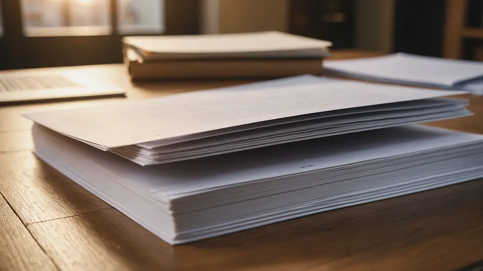 Eye-level view of an open file folder on a wooden table with tax documents inside