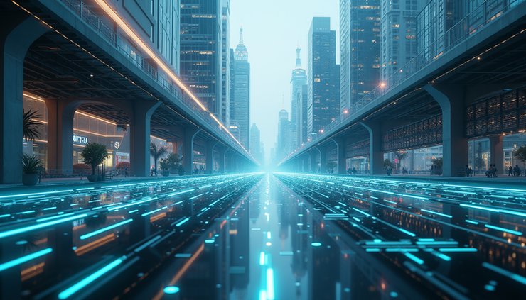 Eye-level view of a futuristic cityscape with AI-driven infrastructure