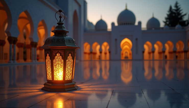 Eye-level view of a glowing lantern illuminating a quiet, ancient mosque courtyard at dusk